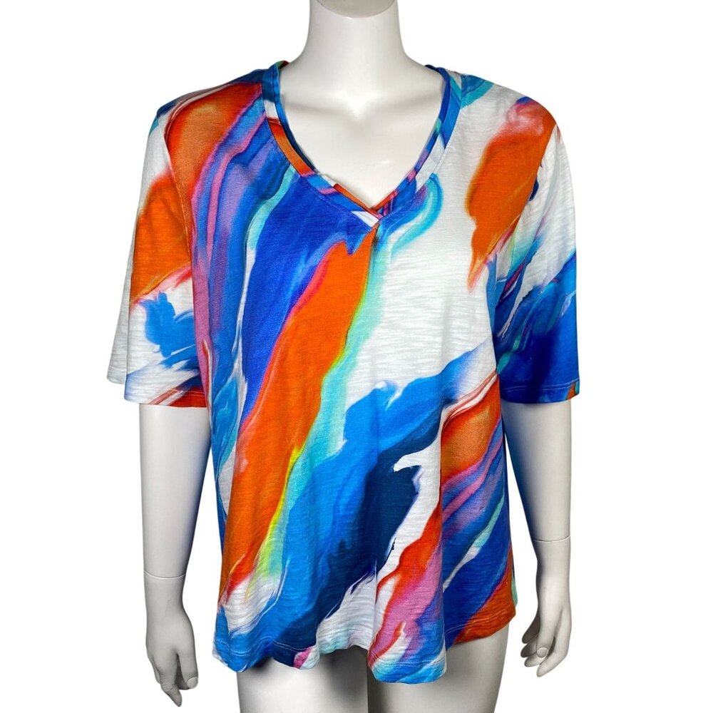 Chicos Abstract Print A Line Tee T Shirt Size XL (3) Short Sleeve V Neck Casual